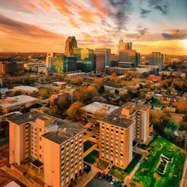 Aerial view of Shaw University with the downtown Raleigh skyline in the background