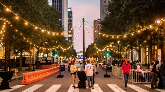 A festive-looking Fayetteville St. in downtown Raleigh