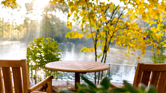 Empty chairs overlooking a serene lake and fall foliage scene