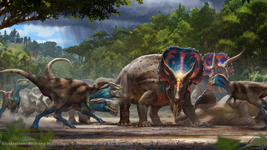 An illustration of dinosaurs battling