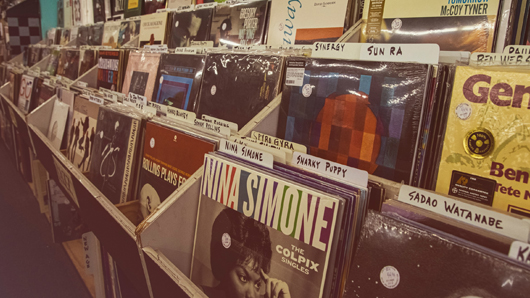 Racks of vinyl records