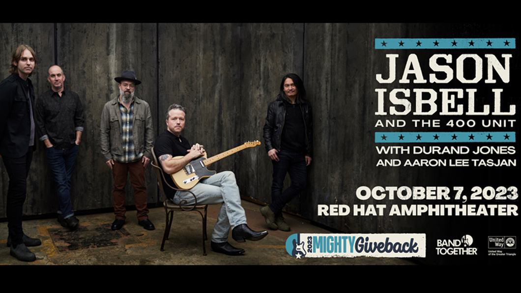 A promotional graphic for Band Together's event on Oct. 7 at Raleigh's Red Hat Amphitheater, with a band photo of Jason Isbell and the 400 Unit as the primary background and the band name and concert details on the right side of the image