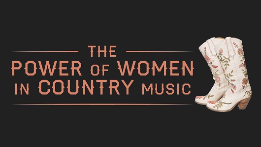 A graphic with black background and orange text that reads "The Power of Women in Country Music" with a small pair of white boots with a floral pattern on the right of the image