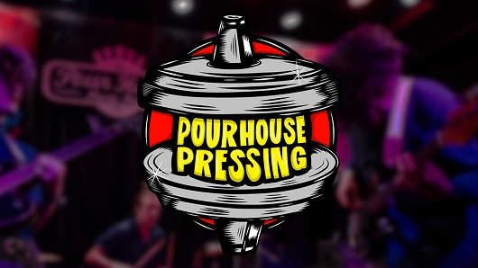 A logo for Pour House Pressing, shaped like a vinyl record needle or cartridge, using primarily black, yellow and red colors 