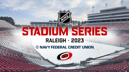 Photo of an iced college football stadium with a graphic overlaid saying NHL Stadium Series | Raleigh | 2023 | Navy Federal Credit Union