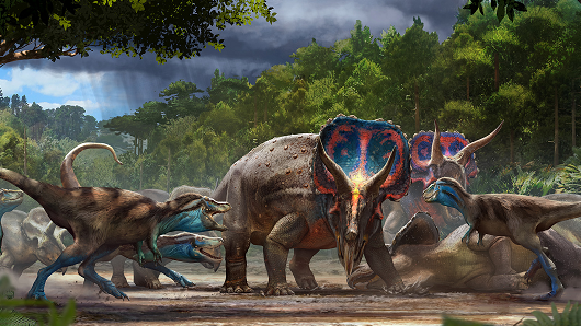 Painting of small, carnivore dinosaurs attacking group of triceratops with colorful, blue and red frills
