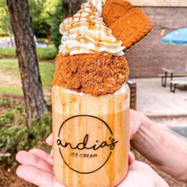 Andia's pumpkin spice latte, made with French vanilla ice cream, cold brew, caramel, pumpkin and pumpkin spice and rimmed with crushed Biscoff cookies and topped with a couple more