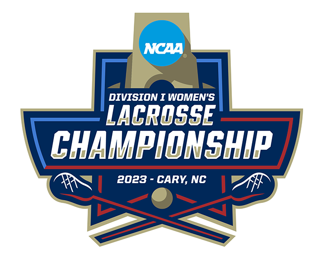 Logo for the 2023 NCAA Division I Women's Lacrosse Championship, in colors that are mostly navy and red, with "2023 - Cary, NC" also worked into the middle of the logo above two crossing lacrosse sticks
