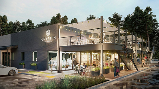 Rendering of a gray food hall with an outdoor downstairs and upstairs, well-lit dining space