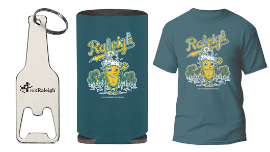 The prizes for the 2023 Raleigh Beer Trail: a stainless steel bottle opener, a 16-oz. beer can hugger and a T-shit with art from a local artist 