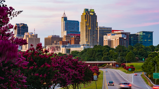 Downtown Raleigh skyline on a clear, summer evening