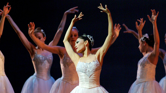 Ballet dancers performing in white tutus with their hands elegantly above their heads