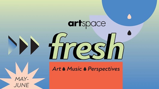 Logo for the Artspace FRESH Sound SERIES; an 1980s vibe with blue, green and orange graphics and lettering; reads 'Art. Music. Perspectives.'