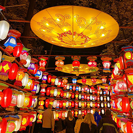 A grand entrance to the Chinese Lantern Festival with hundreds of small lanterns hanging and forming a tunnel
