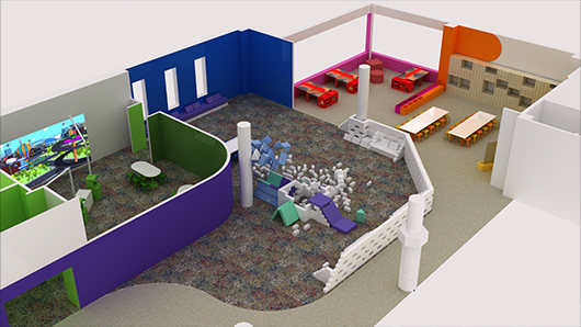 Rendering of new exhibit, with colorful rooms and plenty of open space for play
