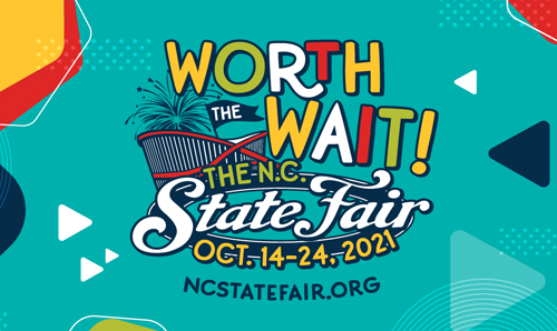 Festive N.C. State Fair logo that says Worth the Wait and includes the event dates and website URL, ncstatefair.org