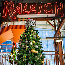 A holiday tree in front of a neon Raleigh sign in a train station