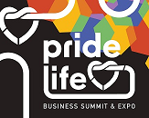 Logo for PrideLife Expo; a black background with white text and colorful geometric shapes 