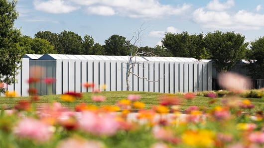 View from afar of the North Carolina Museum of Art West Building with colorful flowers in the foreground