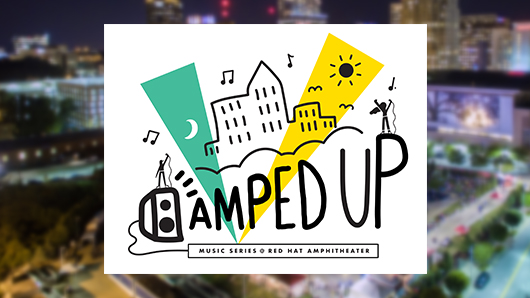 Amped Up Music Series logo with a cartoonish illustration of the downtown Raleigh skyline in the background