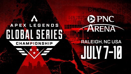 Red, black and white event logo that reads "Apex Legends Global Series Championship; PNC Arena; Raleigh, NC USA; July 7-10