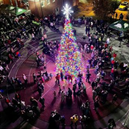 Large holiday tree in a town square with people surrounding