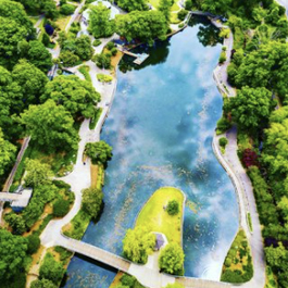 Aerial view of a lush, green Pullen Park with a nice, blue pond and bridges and sidewalks all over the park