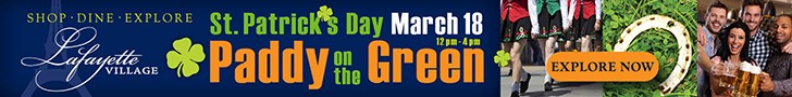 Blue, green and orange graphic promoting the event "Paddy on the Green" on March 18 at Lafayette Village in Raleigh, N.C.