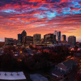 Pink evening sky over the downtown Raleigh skyline
