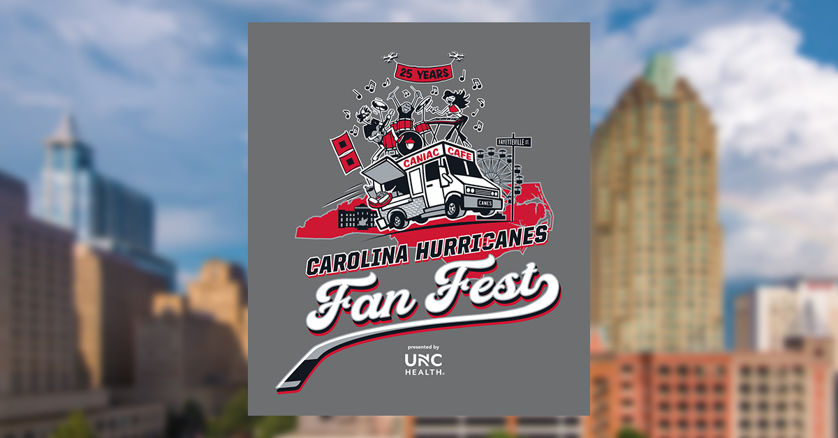 A red, white and gray logo for the Carolina Hurricanes Fan Fest, depicting a food truck and the outline of the state of North Carolina