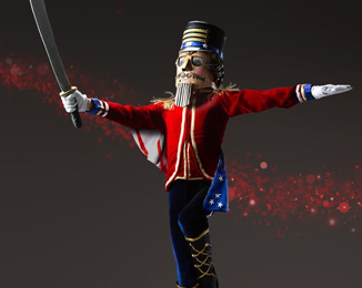 A life-size toy Nutcracker springs into action, sword in hand, and is prepared to battle the Rat King in Carolina Ballet's production of "The Nutcracker"