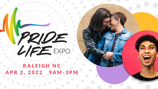 PrideLife Expo logo graphic with a date in a bubble and various people smiling and laughing in bubbles