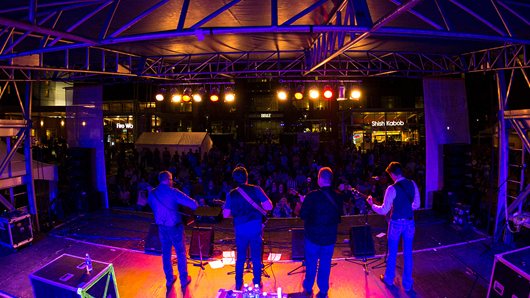 View of a large crowd from behind a four-piece bluegrass band
