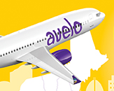 A promotional image of an Avelo Airlines passenger plane, silver with purple accents, flies through the air from left to right against a bright yellow background