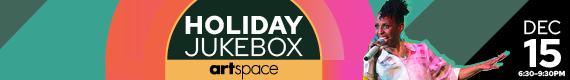 A colorful graphic with green, orange, yellow and pink shapes; a cutout of a photo of a Black woman, placed over a green area of the graphic, is smiling and singing; the text says "Holiday Jukebox, Artspace, Dec. 15, 6:30-9:30pm"