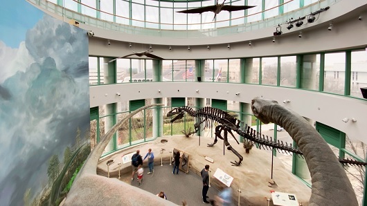 An exhibit in a natural sciences museum with a dinosaur skeleton and giant model of another one