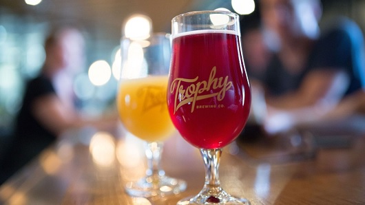 Two beers sitting on a bar inside a brewery, with shallow focus on the red-colored beer closest to camera that has the logo of Trophy Brewing Co. on it